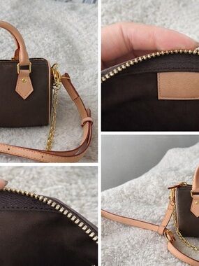 Chocolate Brown Mini Crossbody Bag with Beige Trim and Gold Chain